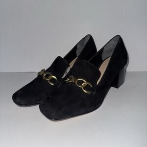 Vis Spiga Women’s Black Suede Block Heel Loafers Size 7 Chain Detail Slip On